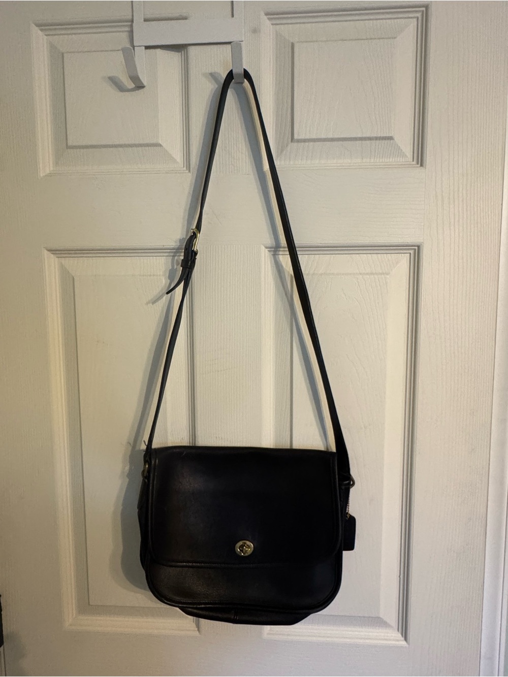 Coach Black Leather Messenger Bag with Gold Turn-Lock
